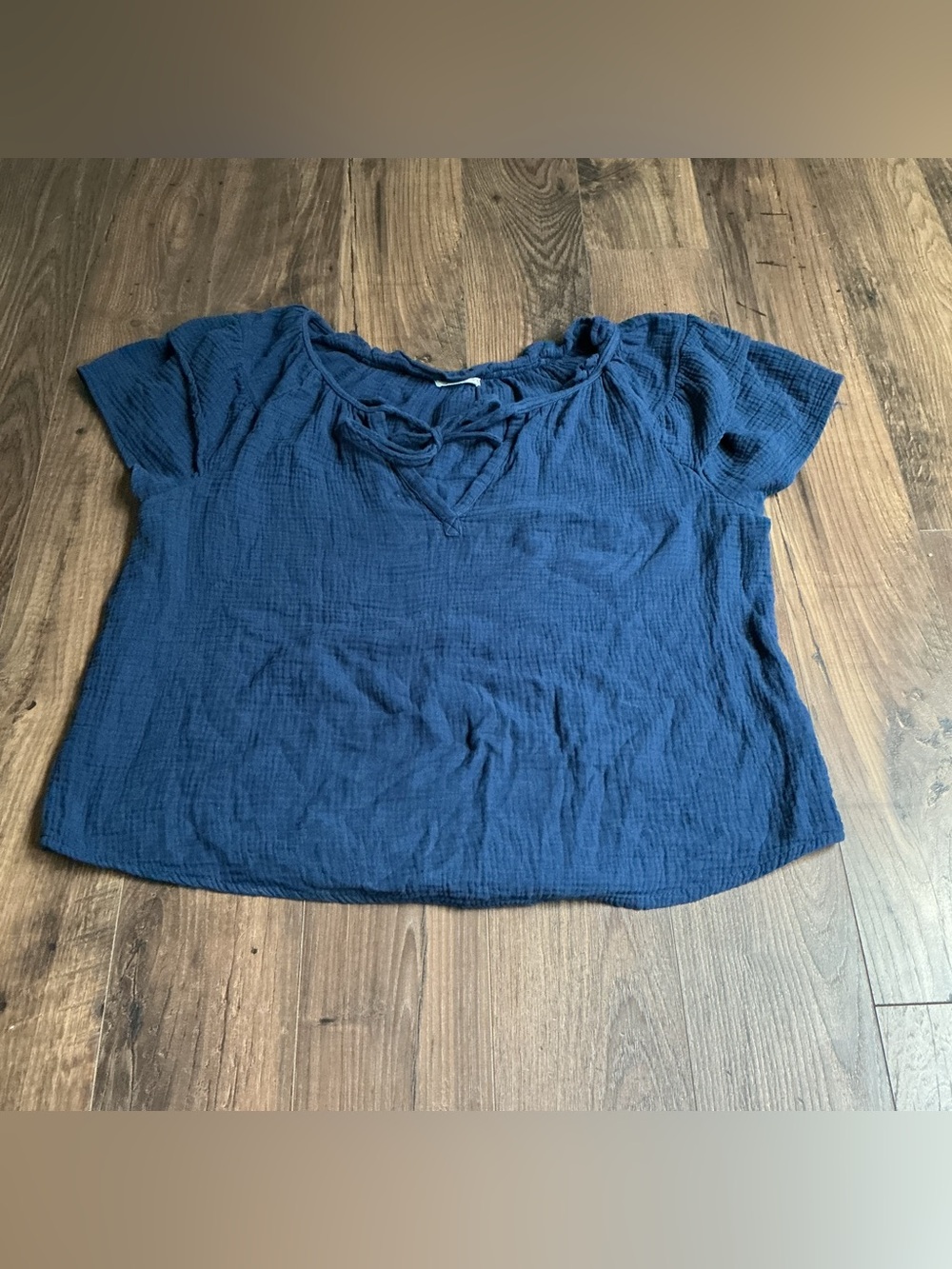 Just Living Boho Gauze Peasant Blouse Blue Tie Neck Top Size XL